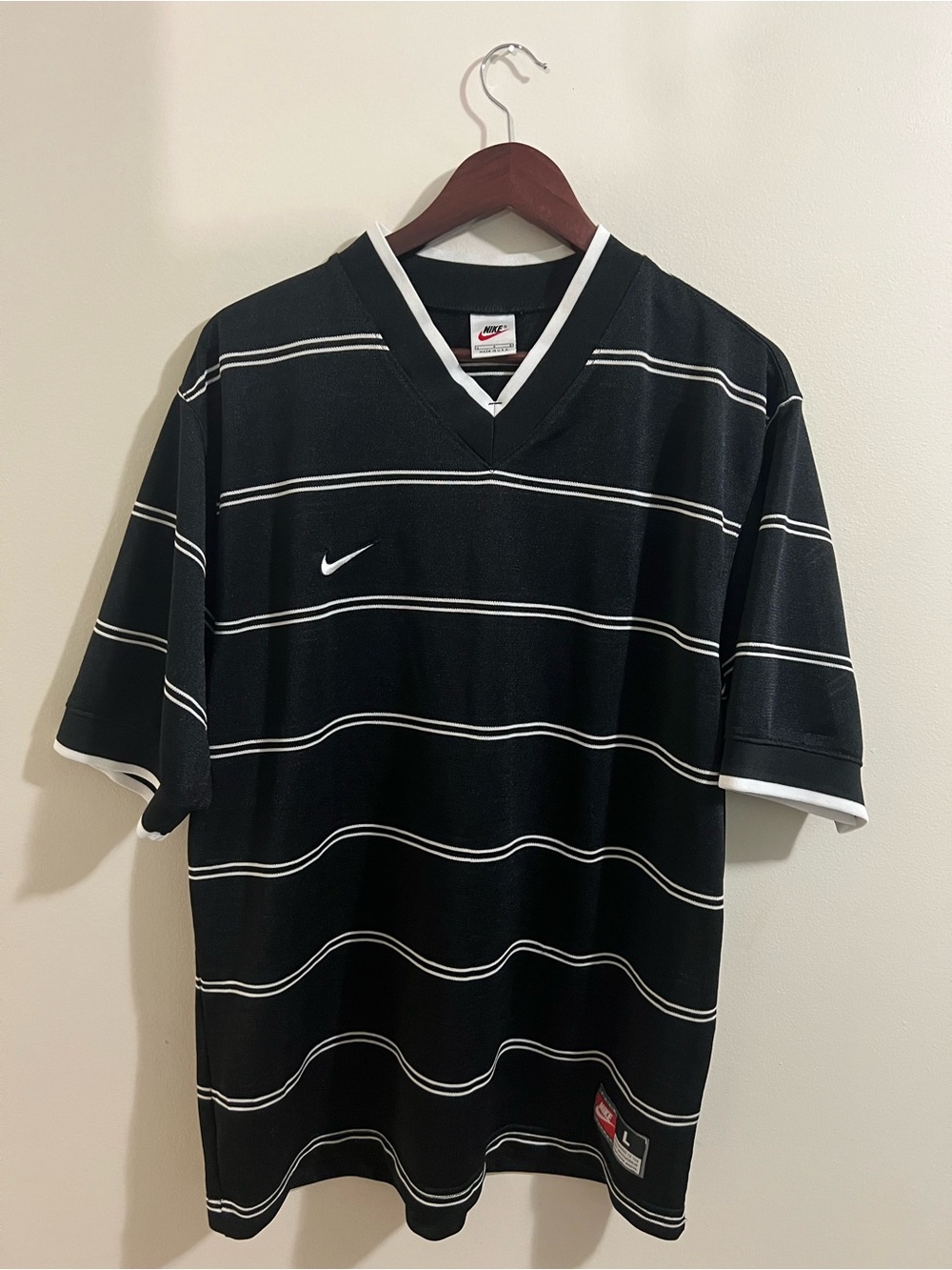Vintage 90s Nike Team Sports Jersey V-Neck Striped Black White Mens Large USA
